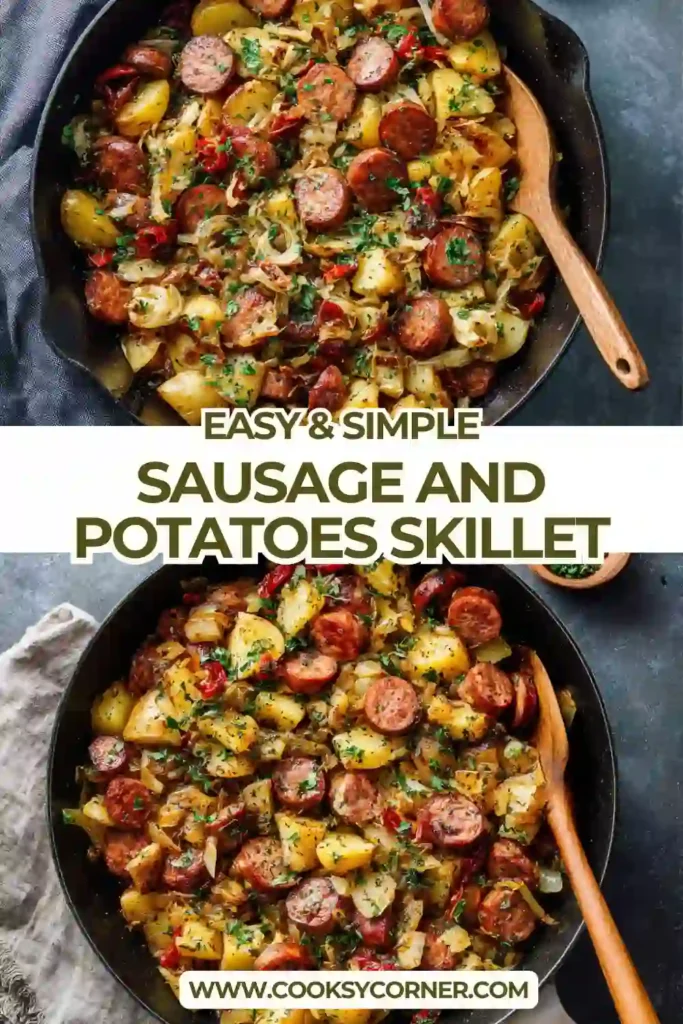 Close-up of golden potatoes and browned sausage in a skillet meal.