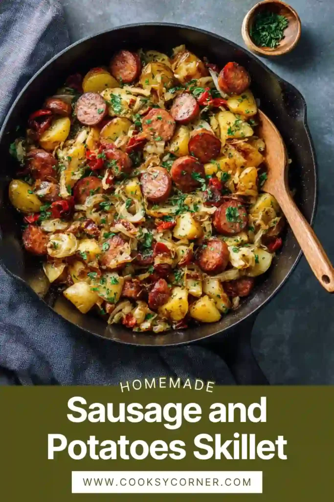One pan sausage and potatoes cooked with spices and garnished with parsley.