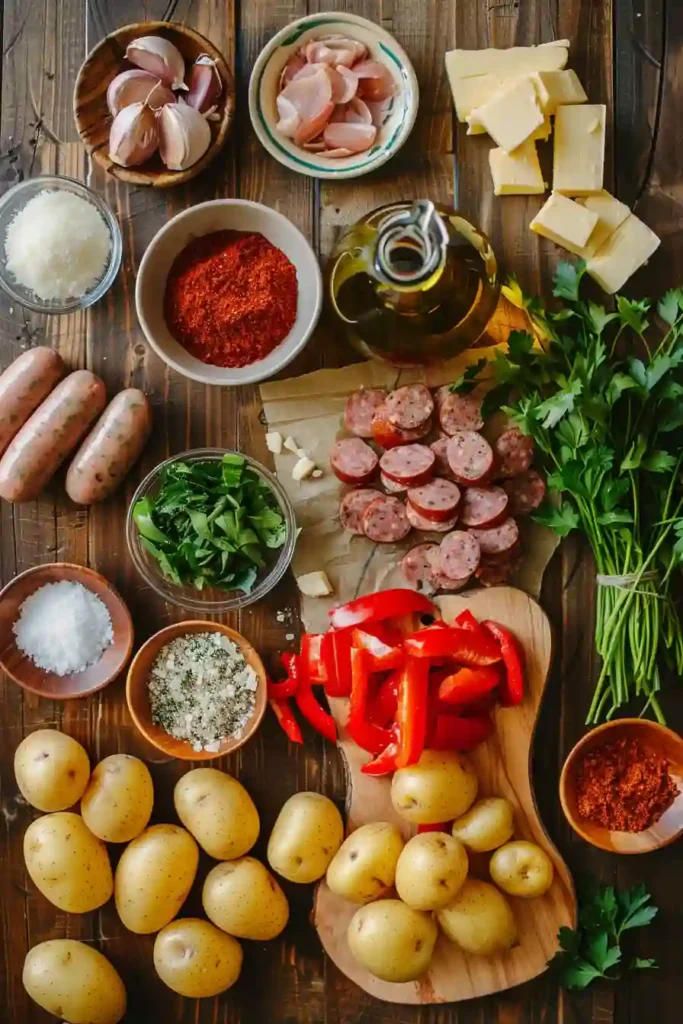 Sausage and Potatoes Skillet with crispy potatoes, sliced sausage, and bell peppers in a pan.