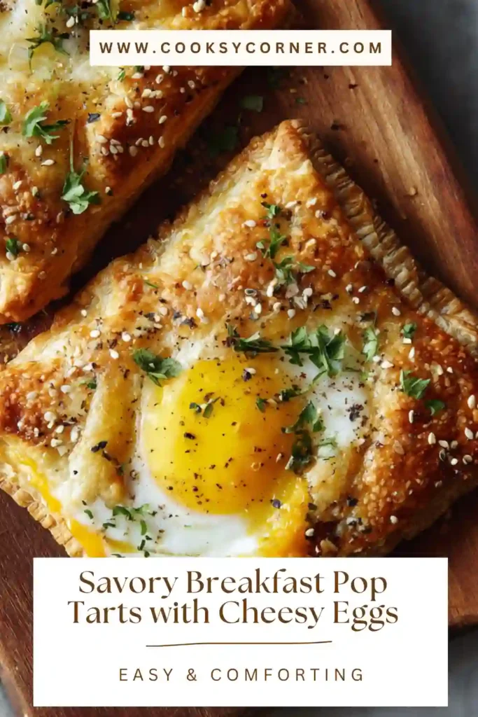 Close-up of puff pastry breakfast pop tarts filled with scrambled eggs, sausage, and melted cheese.
