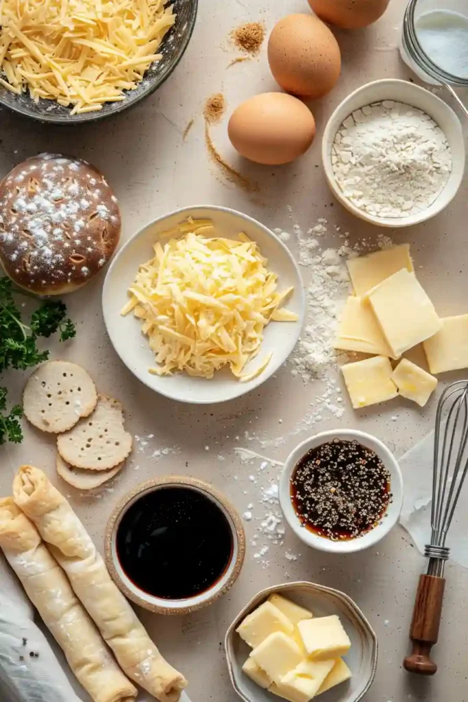 Breakfast hand pies made with puff pastry and cheesy egg filling on a baking tray.
