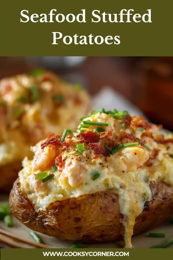 Close-up of stuffed potatoes with shrimp, crawfish, and creamy sauce. Golden and flavorful presentation.