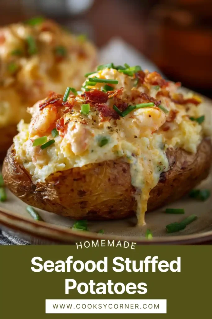 Seafood stuffed baked potatoes topped with creamy shrimp and cheese sauce, garnished with green onions. Rich and hearty meal.