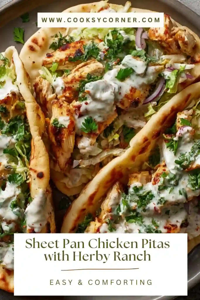 Sheet pan chicken pitas filled with roasted chicken, bell peppers, and creamy herby ranch sauce in warm pita bread.