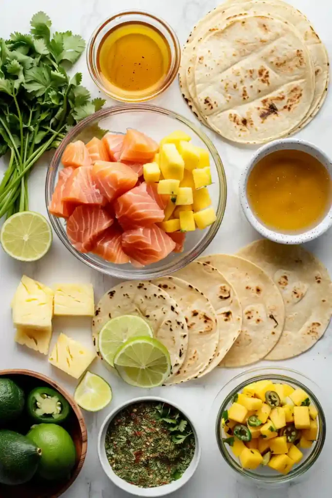 Fresh salmon tacos with mango pineapple salsa and cilantro garnish.