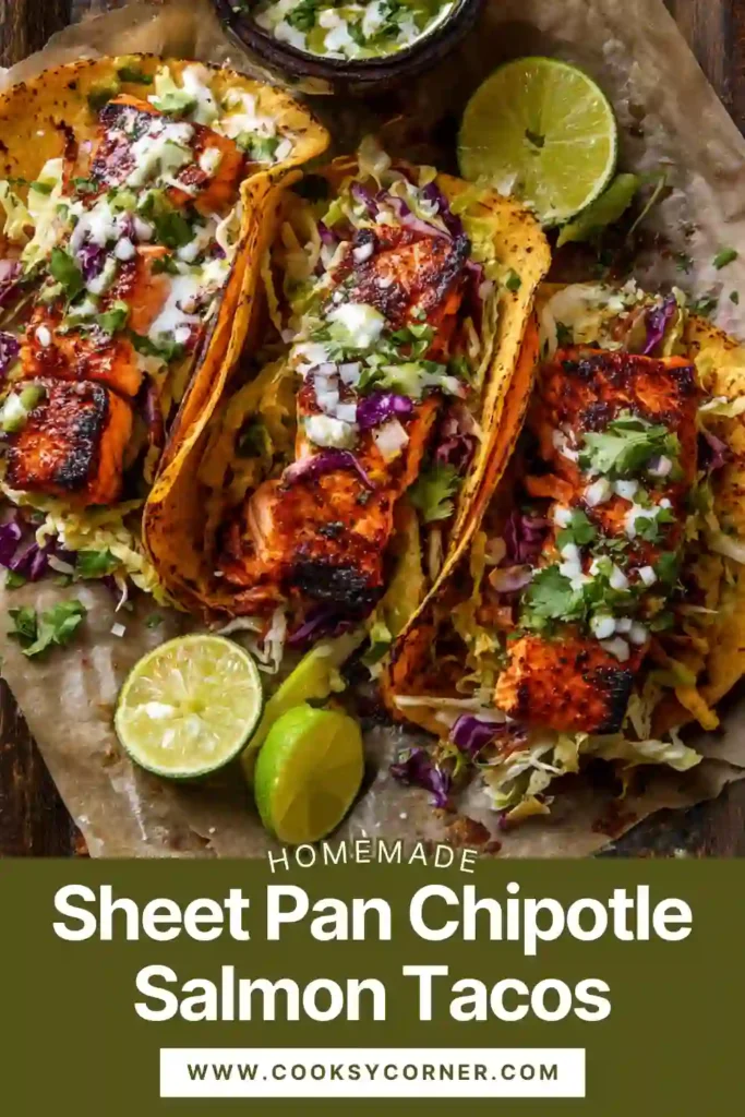 Sheet pan chipotle salmon tacos with pineapple mango salsa and avocado.