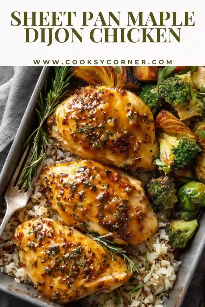 Close-up of maple dijon chicken with caramelized vegetables on a baking tray.