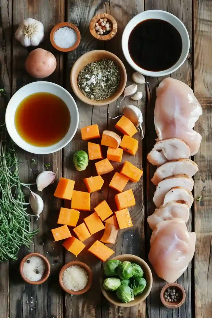 Oven-roasted chicken with sweet potatoes and Brussels sprouts in a flavorful glaze.