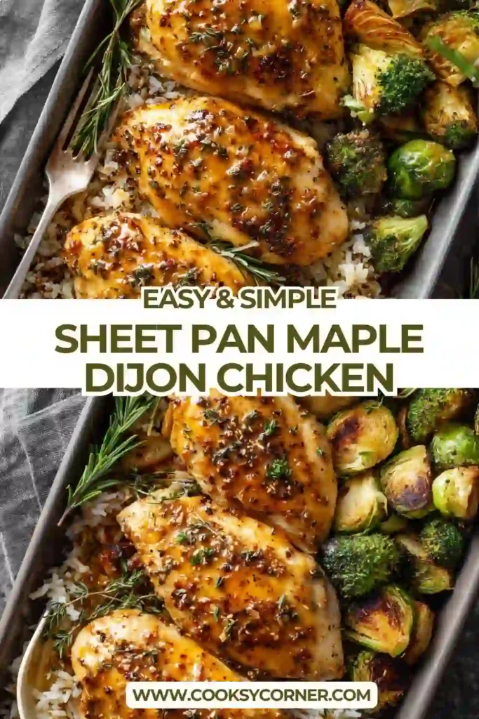 A roasted chicken and vegetable sheet pan meal with a glossy maple mustard glaze.