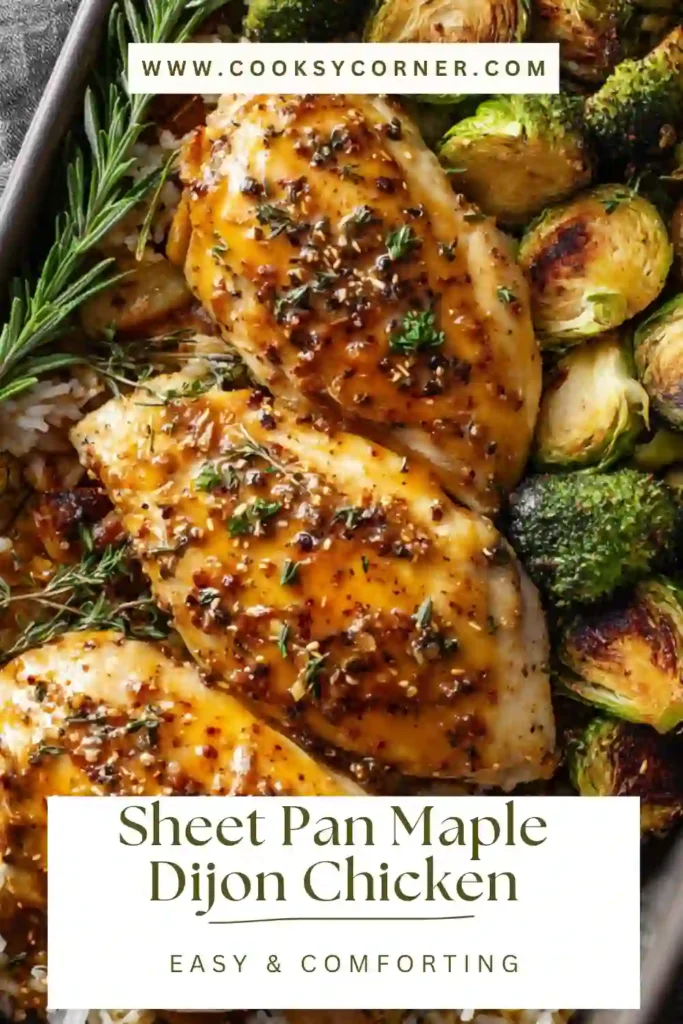 Sheet pan maple dijon chicken with roasted sweet potatoes and Brussels sprouts cooked to golden perfection.