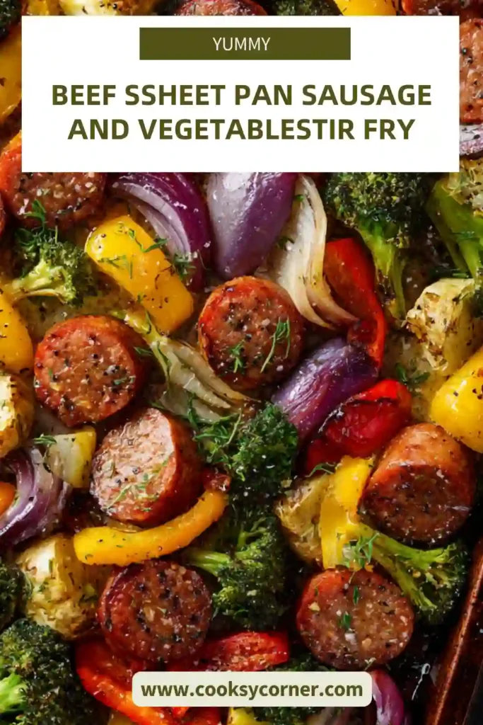 Oven roasted beef sausage with colorful vegetables and herbs.