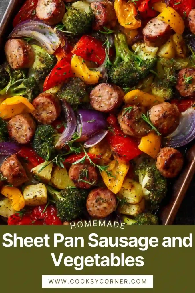 Roasted sausage with broccoli and peppers on a baking sheet.