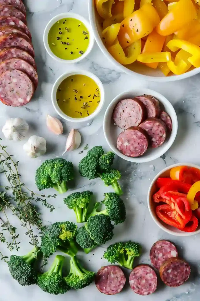 Healthy sheet pan dinner with sausage and roasted vegetables.