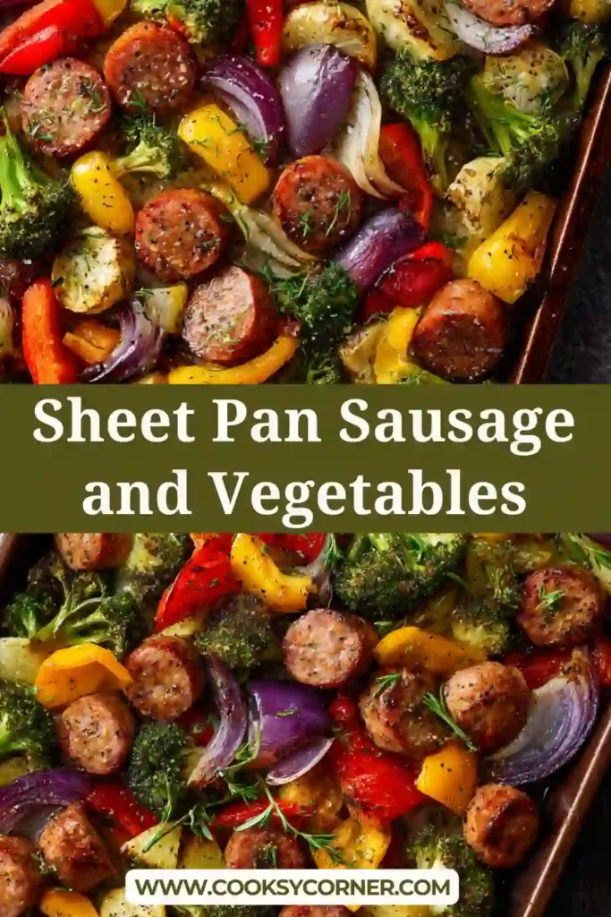 Sheet pan sausage and vegetables roasted with broccoli and bell peppers.
