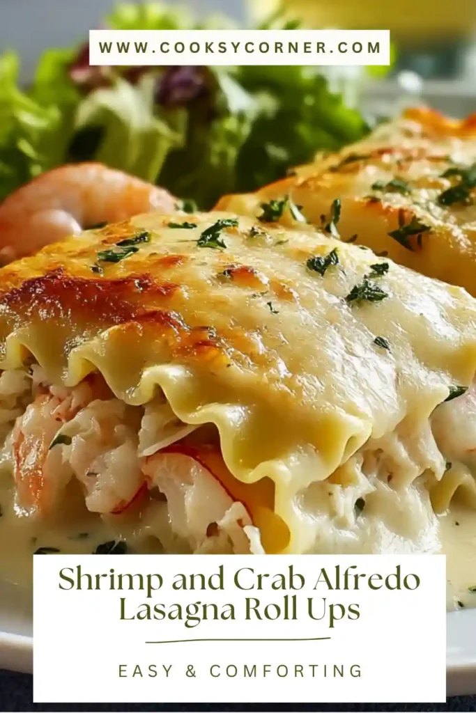 Freshly baked seafood lasagna roll ups topped with parsley and Parmesan cheese. The creamy Alfredo sauce surrounds the pasta rolls in a comforting baked dish.