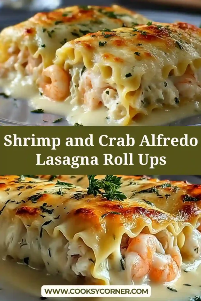 Close-up of shrimp and crab lasagna roll ups covered in creamy Alfredo sauce and melted cheese. The rolled pasta reveals a rich seafood and ricotta filling.