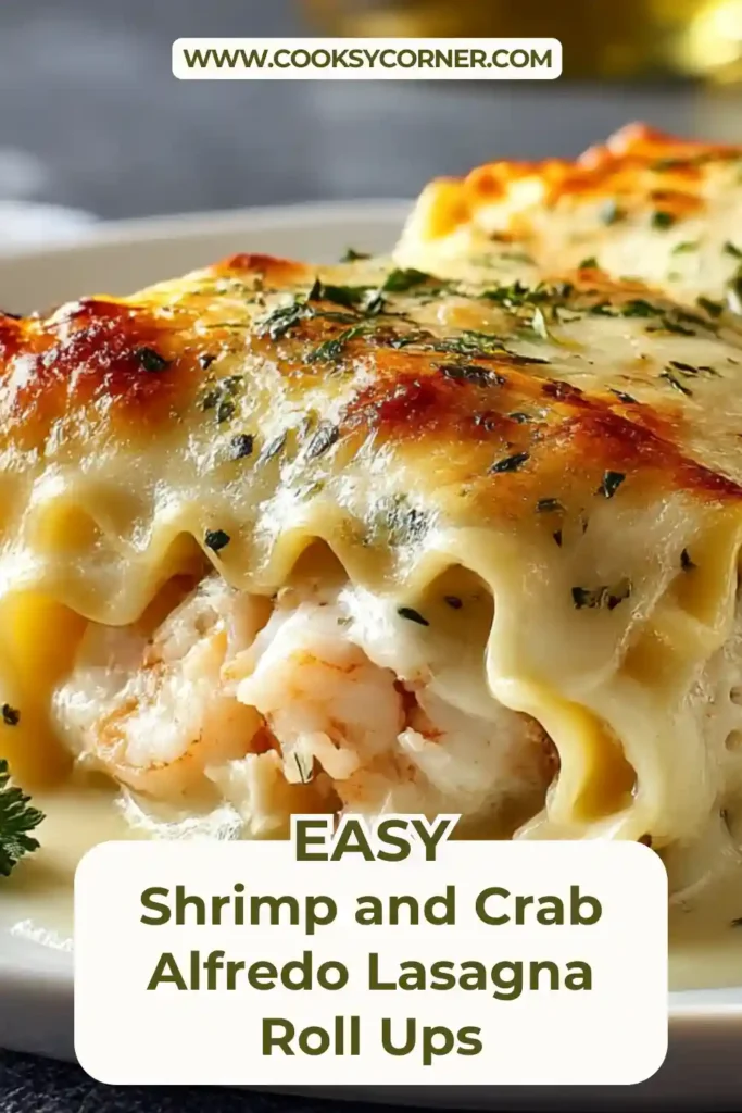 Shrimp and crab Alfredo lasagna roll ups baked in creamy Alfredo sauce with melted mozzarella and Parmesan. The golden cheese topping and seafood filling make this comforting pasta dish rich and indulgent.