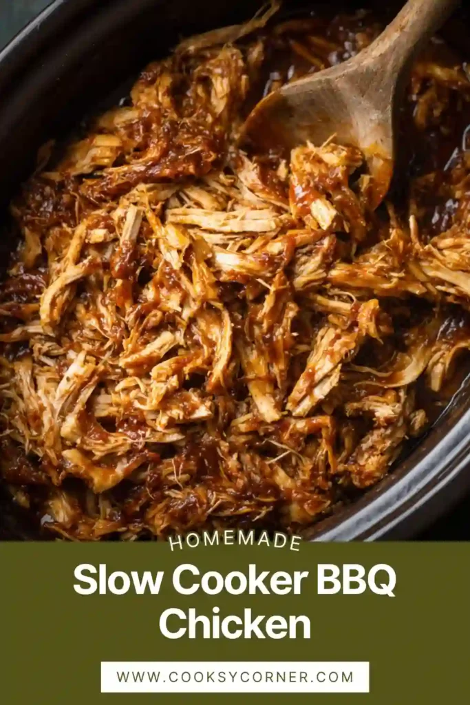 Crockpot BBQ chicken with rich sauce and tender shredded texture.