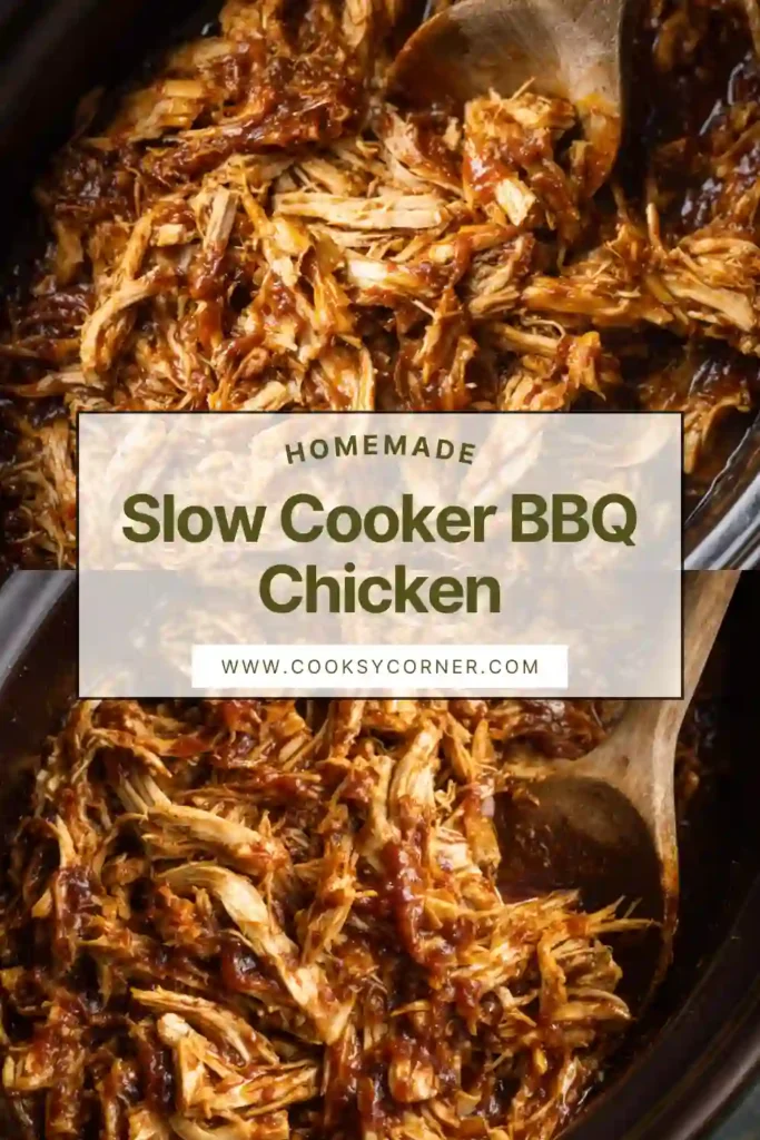 Slow Cooker BBQ Chicken shredded and served in a sandwich with sauce and soft bun.