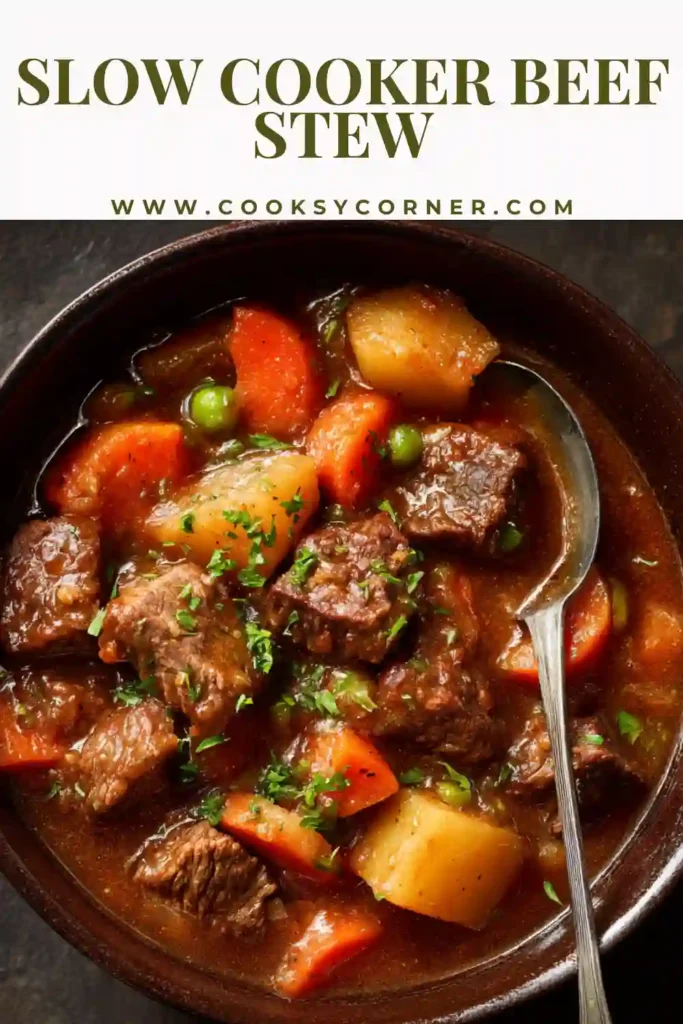 Slow Cooker Beef Stew with tender beef, carrots, and potatoes in rich broth.