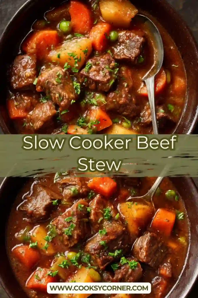Crockpot beef stew with hearty vegetables and thick savory sauce.