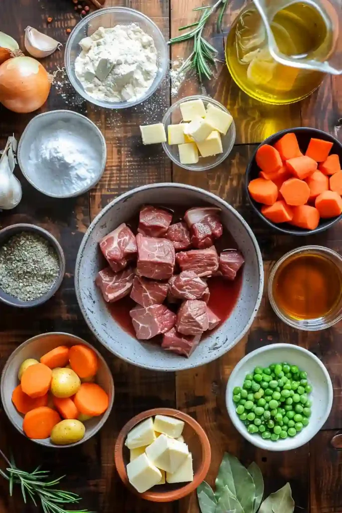 Bowl of slow cooker beef stew with carrots, potatoes, and herbs.