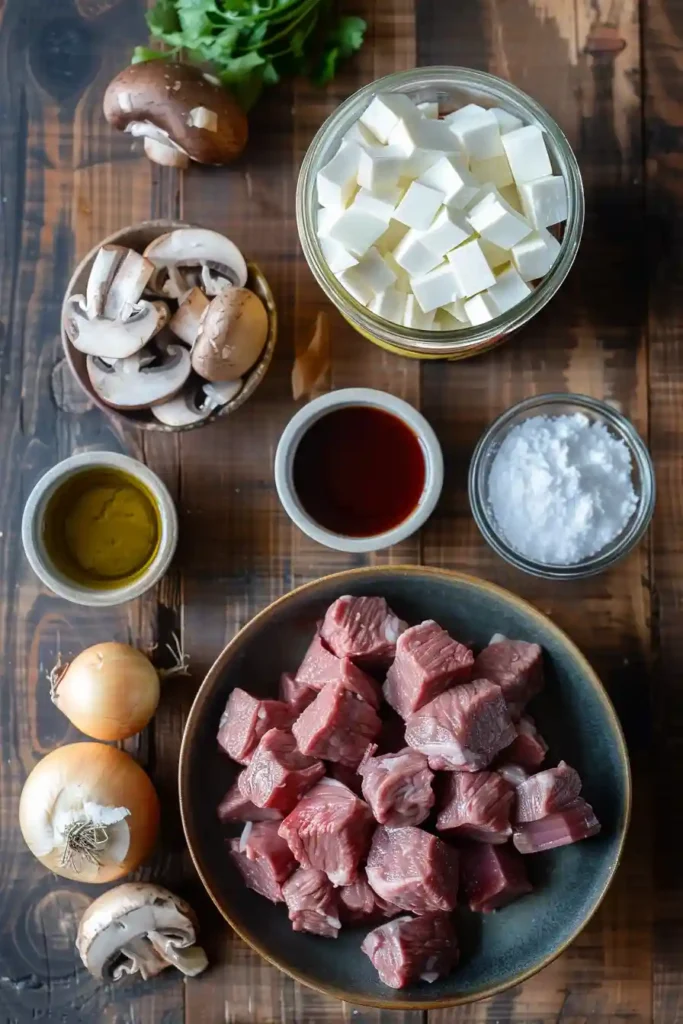 Bowl of slow cooker beef stroganoff garnished with parsley showing tender beef and creamy sauce.