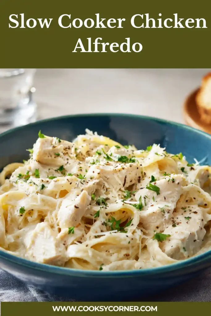 Close-up of slow cooker chicken alfredo with thick creamy texture.