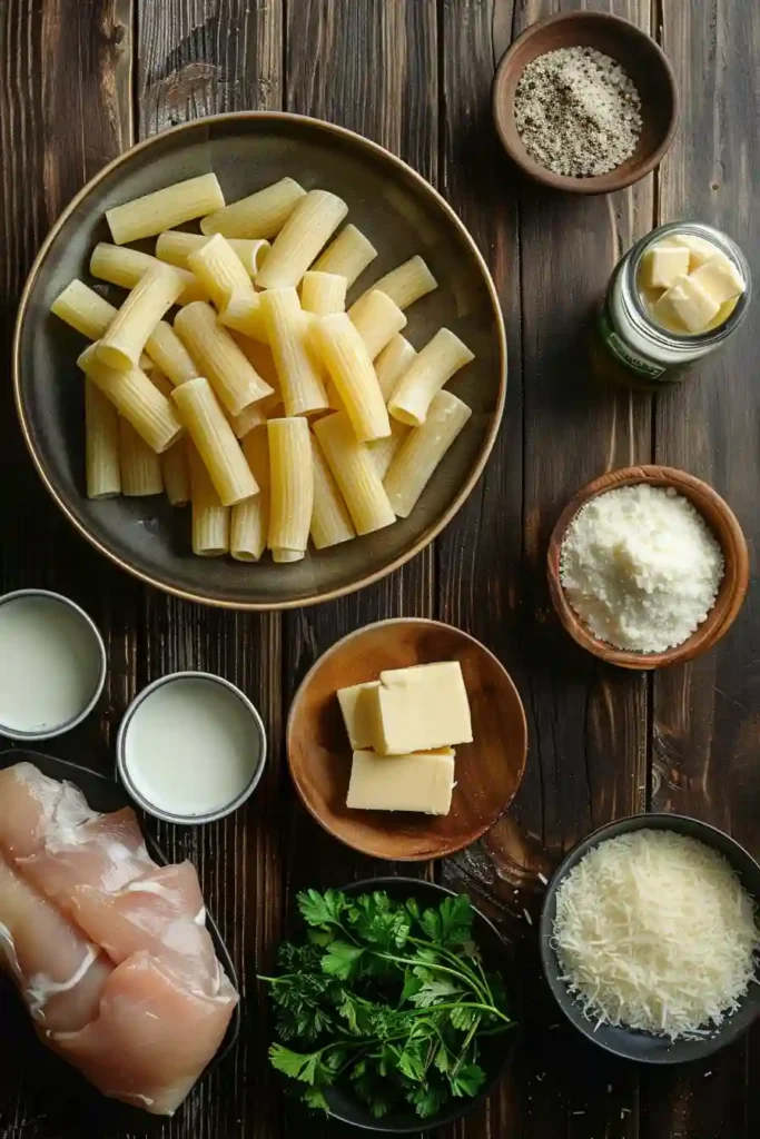 Bowl of chicken alfredo with pasta and fresh parsley topping.