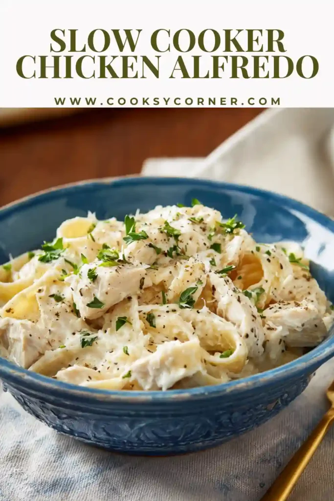Slow Cooker Chicken Alfredo served with rigatoni and parsley garnish.