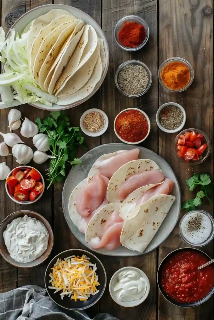 Plate of chicken tacos with salsa, lettuce, and cheese toppings.