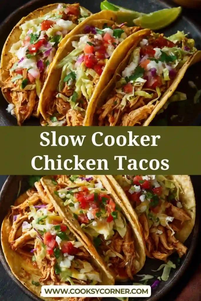 Slow Cooker Chicken Tacos served in tortillas with lettuce, tomato, cheese, and sour cream.