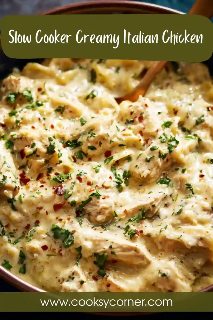 Close-up of Slow Cooker Creamy Italian Chicken with thick creamy texture and shredded chicken pieces.