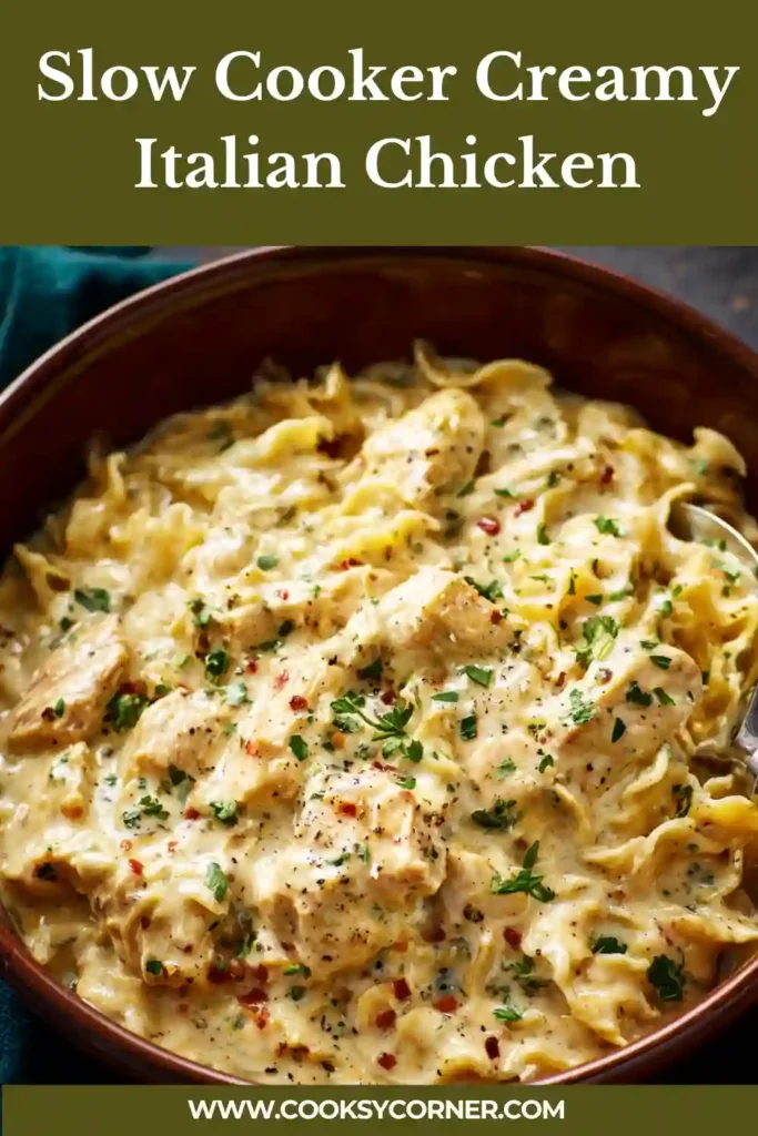 Creamy crockpot Italian chicken in a slow cooker with rich sauce and herbs, ready to serve.