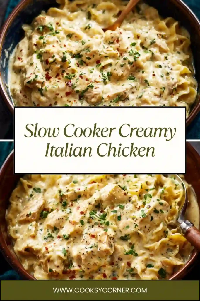 Slow Cooker Creamy Italian Chicken served over pasta with parsley garnish, showing tender shredded chicken in creamy sauce.