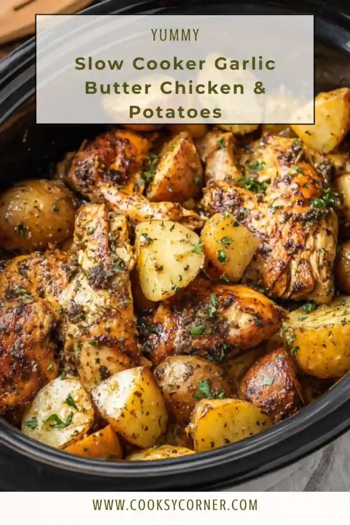 Crockpot garlic butter chicken and potatoes served in a bowl with melted butter sauce and herbs.