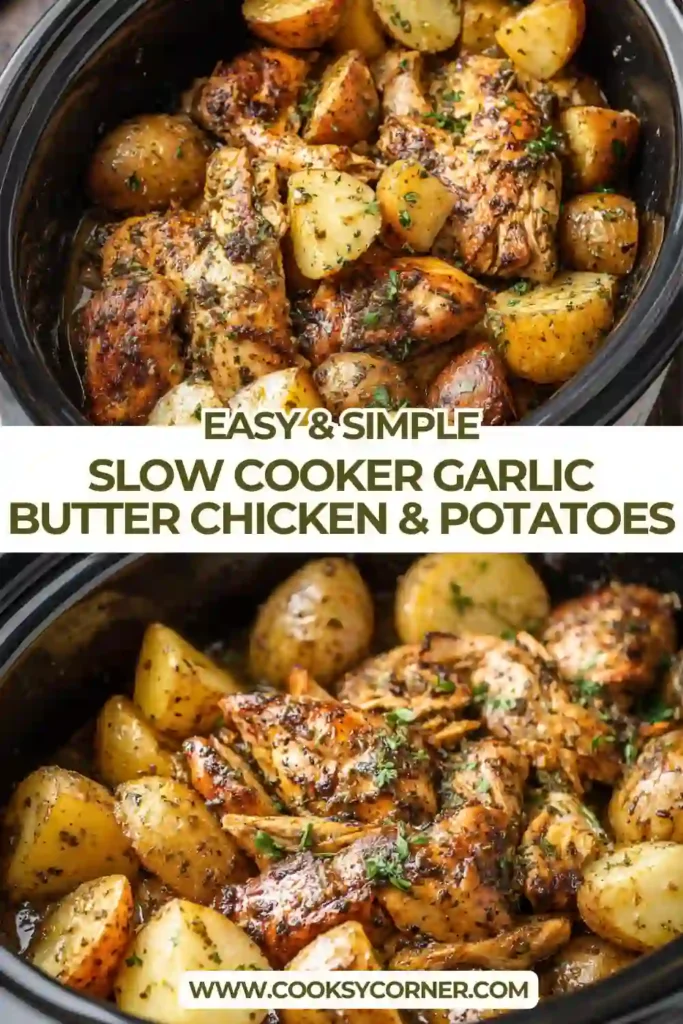 Close-up of slow cooker garlic butter chicken with soft potatoes and green beans in a creamy garlic butter sauce.