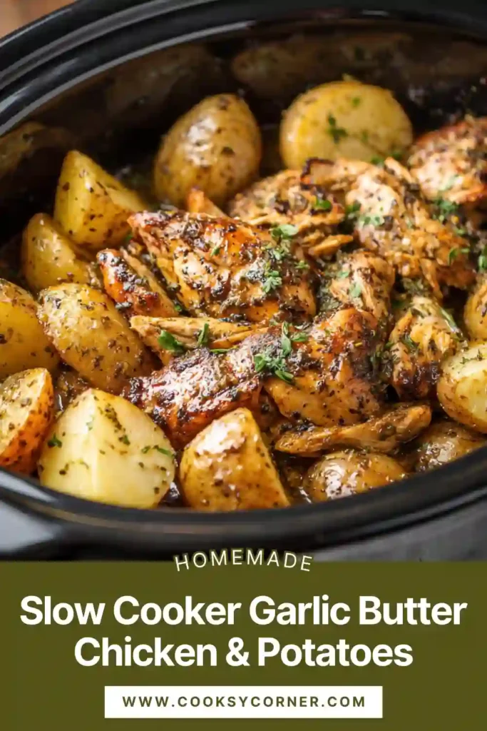 Slow Cooker Garlic Butter Chicken & Potatoes served with green beans in a rich garlic butter sauce. Tender chicken and baby potatoes cooked together in a crockpot.