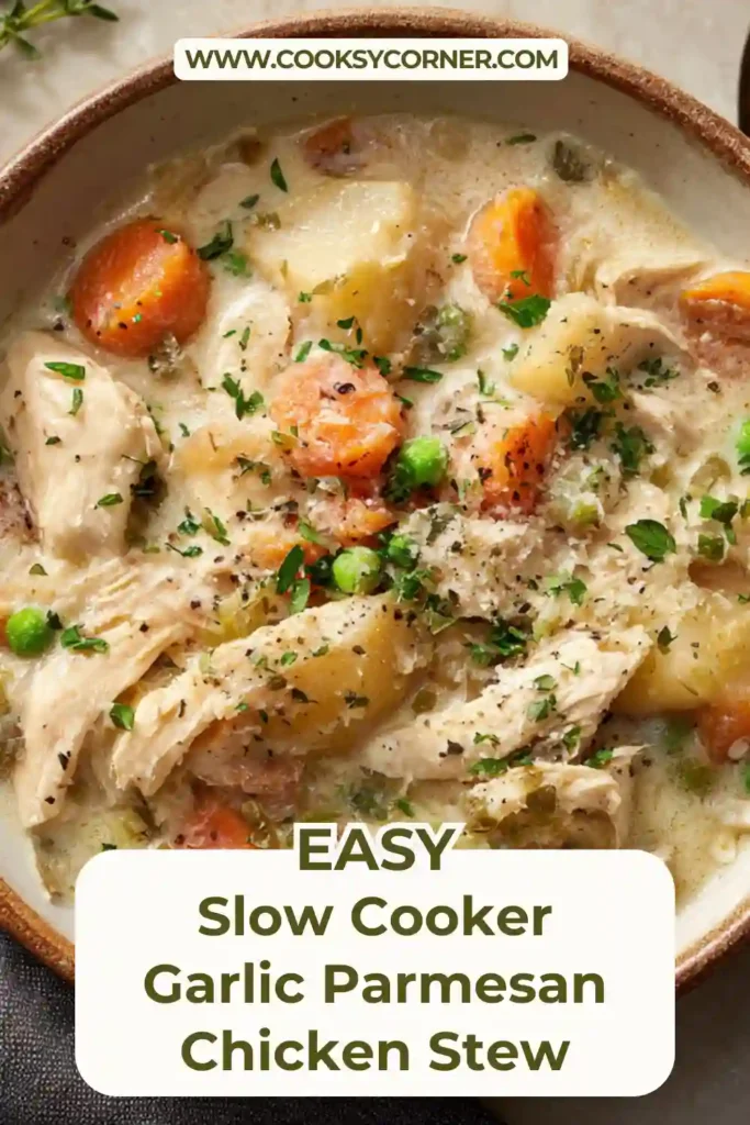 Comforting garlic parmesan chicken stew made in a slow cooker with potatoes, carrots, and shredded chicken in a creamy broth.