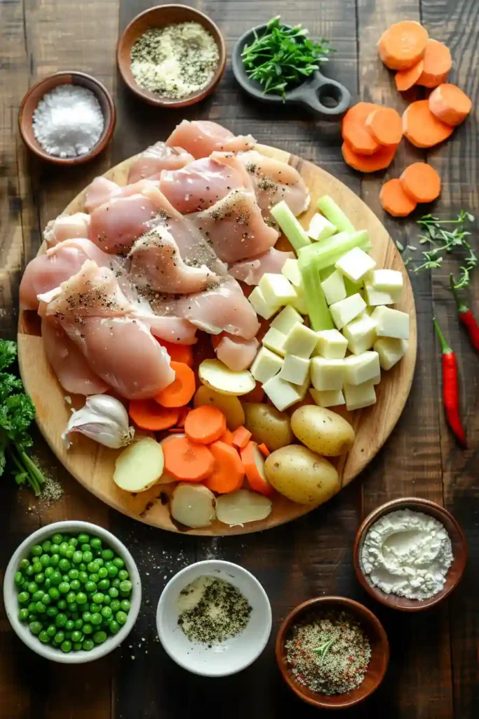 Hearty bowl of slow cooker chicken stew with garlic, parmesan, vegetables, and tender shredded chicken.