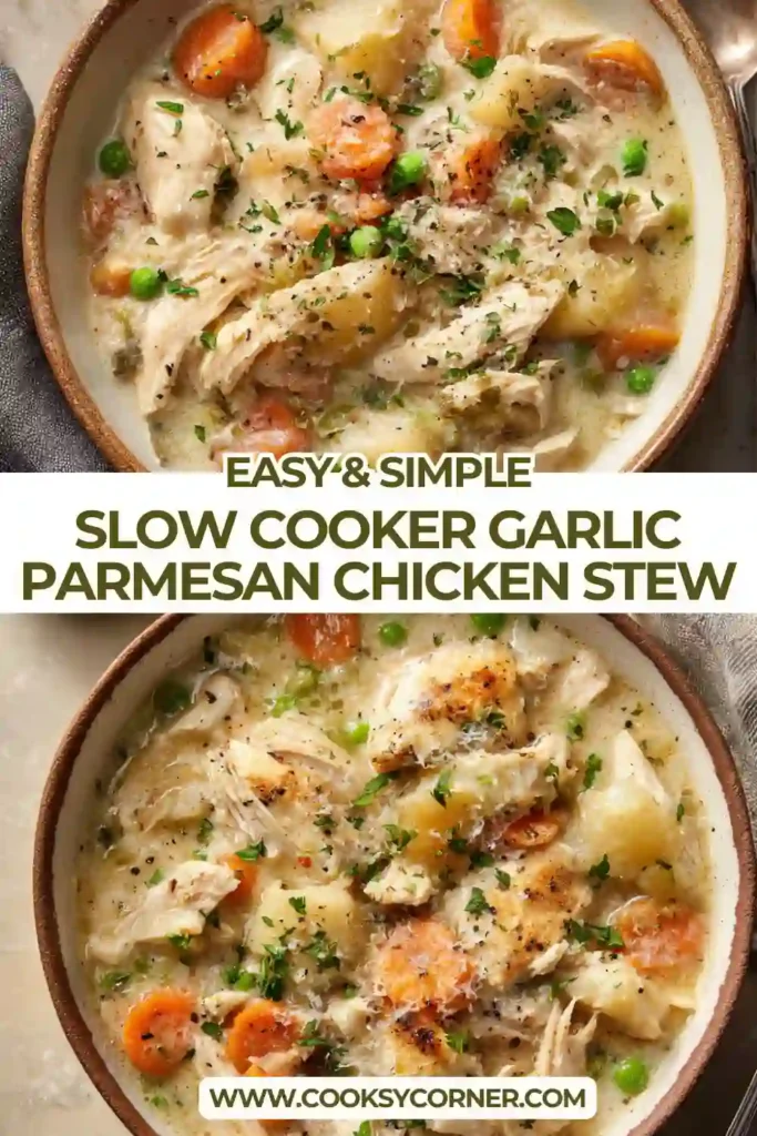 Creamy Slow Cooker Garlic Parmesan Chicken Stew served hot with chunks of chicken, vegetables, and rich parmesan cream sauce.