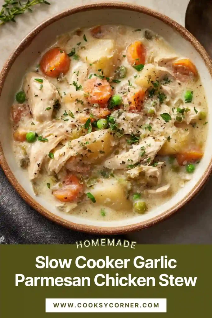 A bowl of Slow Cooker Garlic Parmesan Chicken Stew filled with tender chicken, red potatoes, carrots, peas, and creamy garlic parmesan broth.