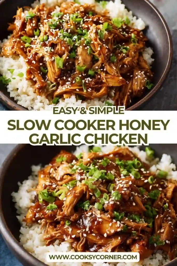 Crockpot honey garlic chicken with thick glossy sauce and tender shredded chicken.