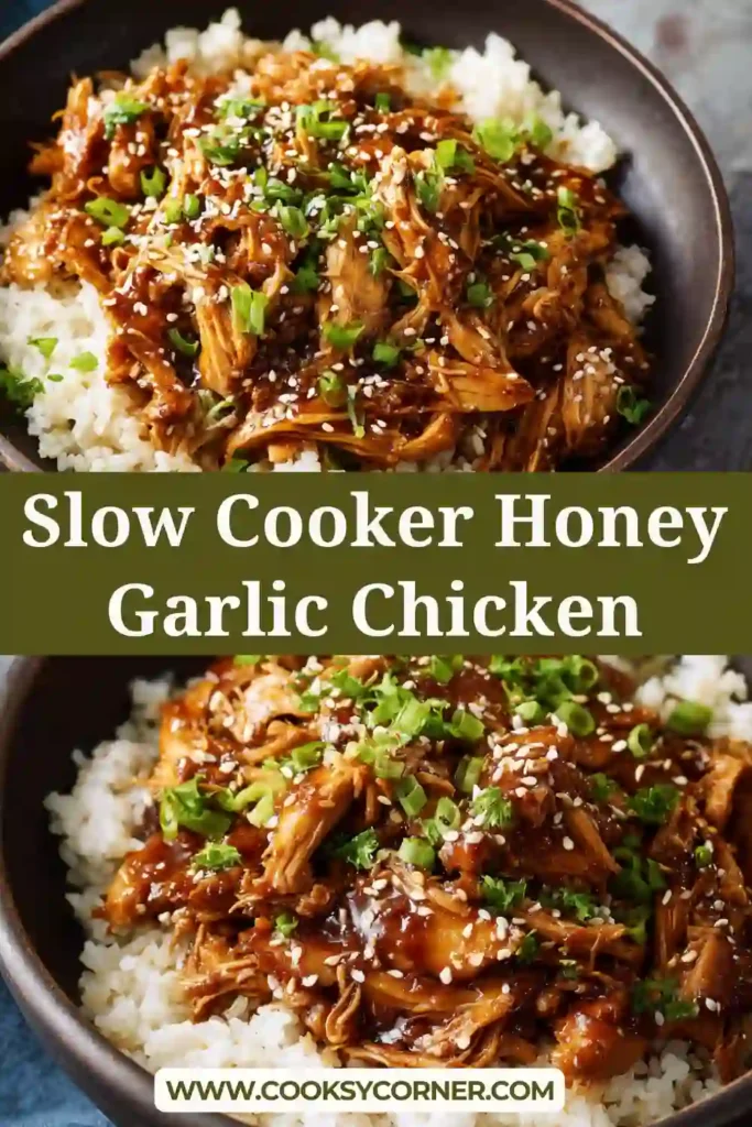 Slow Cooker Honey Garlic Chicken served over rice with sesame seeds and green onions.