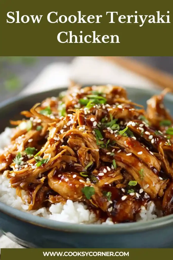 Crockpot teriyaki chicken with glossy sauce and shredded chicken pieces.