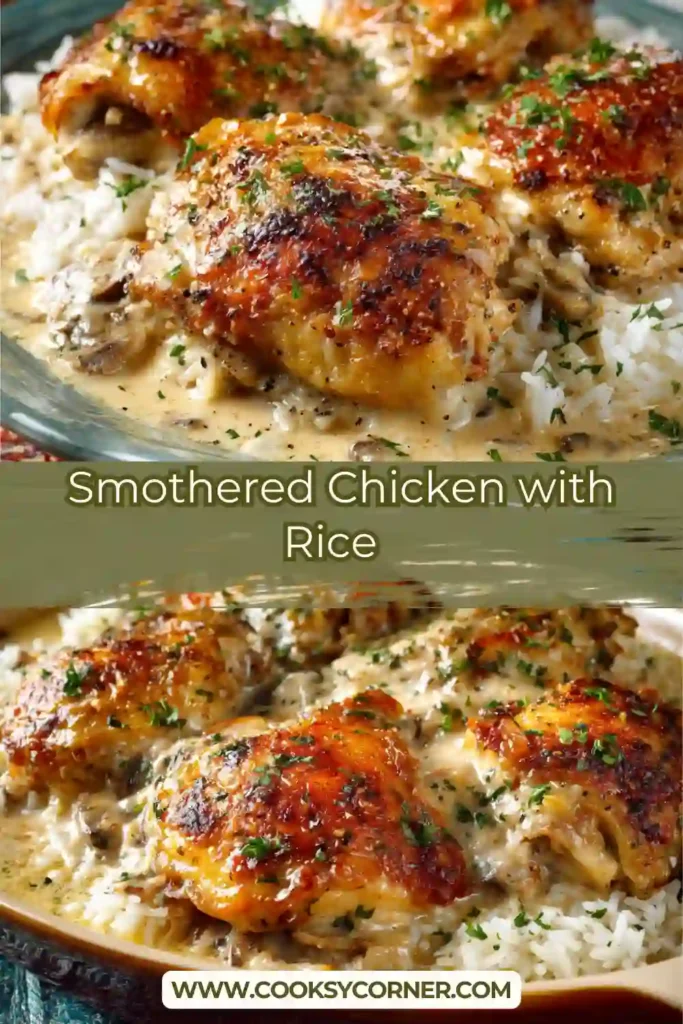 Baked chicken and rice casserole with rich mushroom sauce and golden chicken thighs.