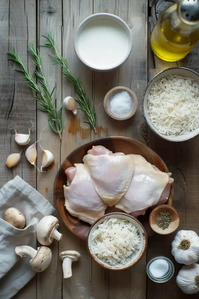 Comfort food smothered chicken served with fluffy rice and creamy mushroom sauce.