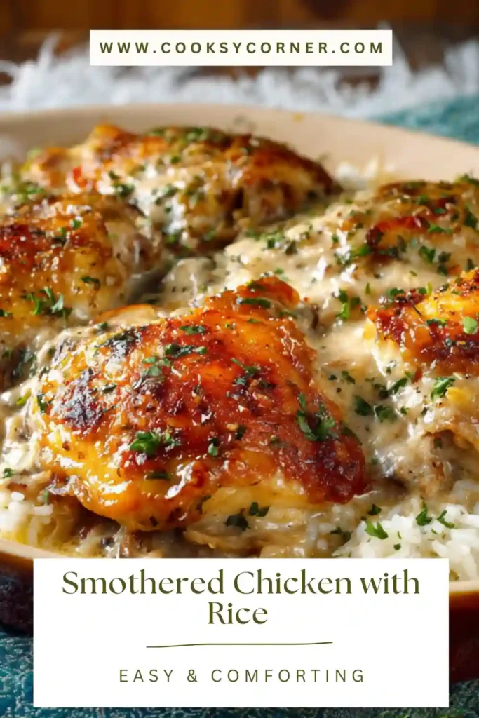 Homemade smothered chicken with rice topped with mushrooms and creamy gravy.