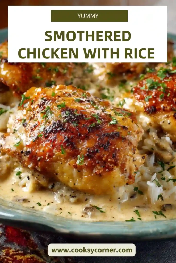 Smothered chicken thighs baked over rice in creamy mushroom sauce inside a casserole dish.