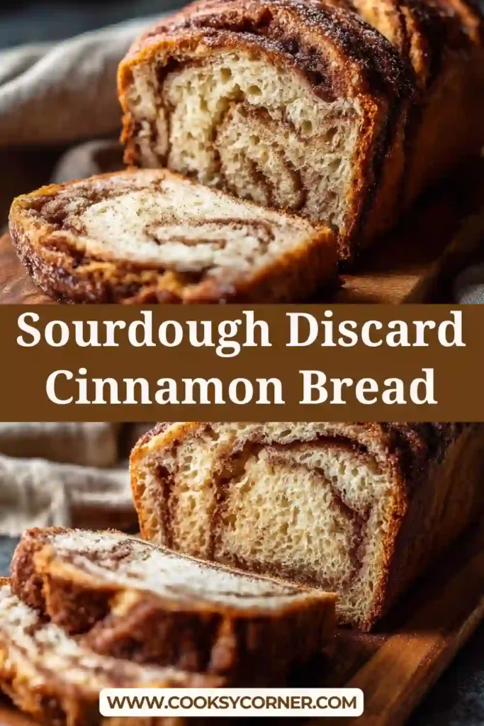 Sourdough discard cinnamon bread loaf with visible cinnamon swirl and soft crumb texture.